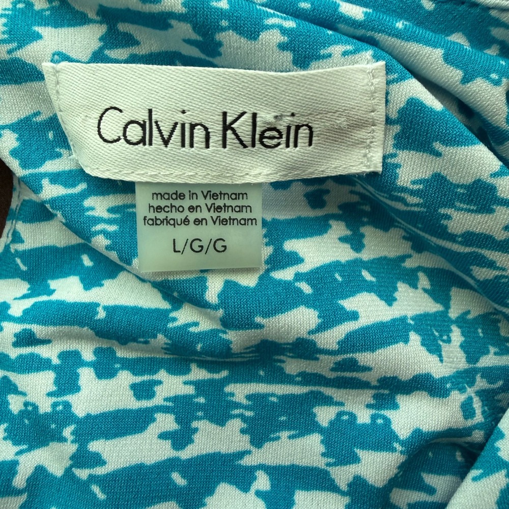 Calvin Klein Womens Teal White Abstract Print Pleated Neck Sleeveless Blouse L - Picture 4 of 10